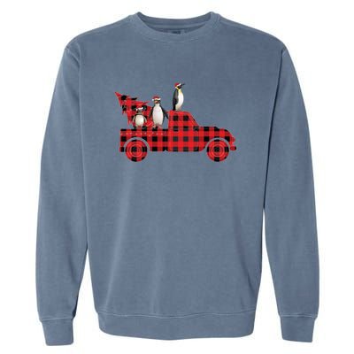 Penguin Riding Red Pajama Tree Truck Funny Penguin Christmas Cute Gift Garment-Dyed Sweatshirt