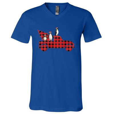 Penguin Riding Red Pajama Tree Truck Funny Penguin Christmas Cute Gift V-Neck T-Shirt