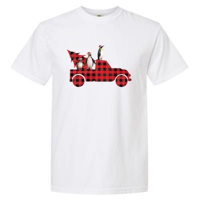 Penguin Riding Red Pajama Tree Truck Funny Penguin Christmas Cute Gift Garment-Dyed Heavyweight T-Shirt