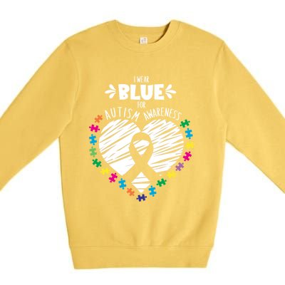 Puzzle Ribbon Support I Wear Blue Autism Awareness Cool Gift Premium Crewneck Sweatshirt