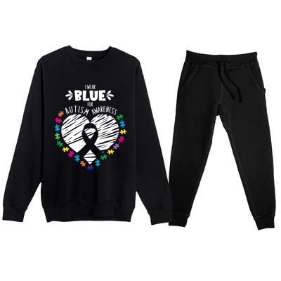 Puzzle Ribbon Support I Wear Blue Autism Awareness Cool Gift Premium Crewneck Sweatsuit Set