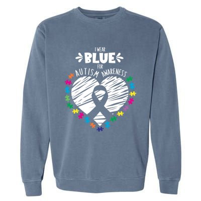 Puzzle Ribbon Support I Wear Blue Autism Awareness Cool Gift Garment-Dyed Sweatshirt