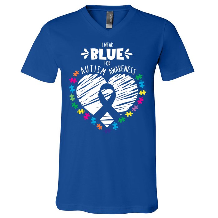 Puzzle Ribbon Support I Wear Blue Autism Awareness Cool Gift V-Neck T-Shirt