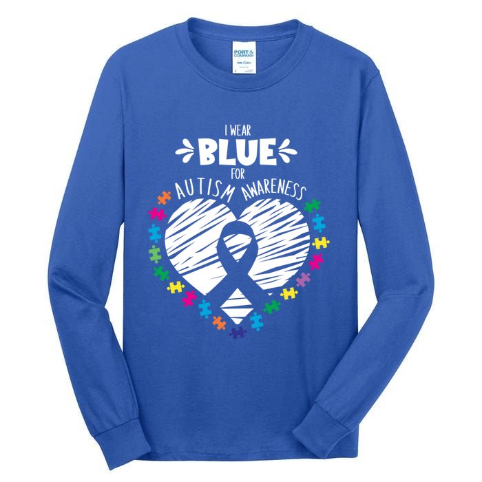 Puzzle Ribbon Support I Wear Blue Autism Awareness Cool Gift Tall Long Sleeve T-Shirt