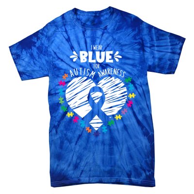 Puzzle Ribbon Support I Wear Blue Autism Awareness Cool Gift Tie-Dye T-Shirt