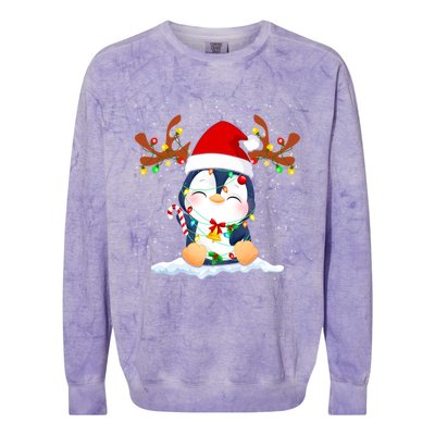 Penguin Reindeer Santa Hat Xmas Lights Gift Penguin Lover Gift Colorblast Crewneck Sweatshirt