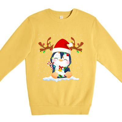 Penguin Reindeer Santa Hat Xmas Lights Gift Penguin Lover Gift Premium Crewneck Sweatshirt