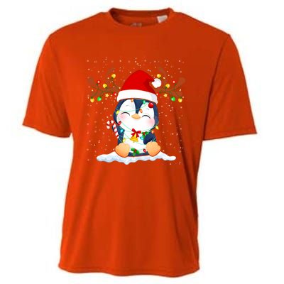 Penguin Reindeer Santa Hat Xmas Lights Gift Penguin Lover Gift Cooling Performance Crew T-Shirt