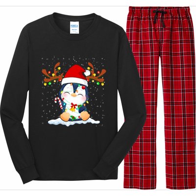 Penguin Reindeer Santa Hat Xmas Lights Gift Penguin Lover Gift Long Sleeve Pajama Set