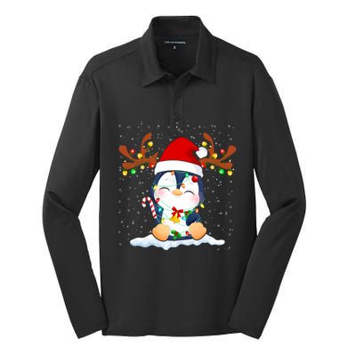 Penguin Reindeer Santa Hat Xmas Lights Gift Penguin Lover Gift Silk Touch Performance Long Sleeve Polo