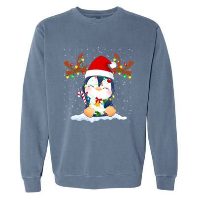 Penguin Reindeer Santa Hat Xmas Lights Gift Penguin Lover Gift Garment-Dyed Sweatshirt