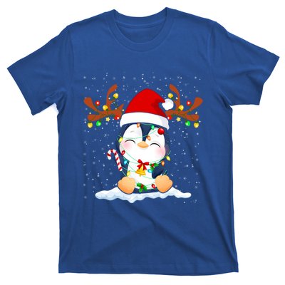 Penguin Reindeer Santa Hat Xmas Lights Gift Penguin Lover Gift T-Shirt