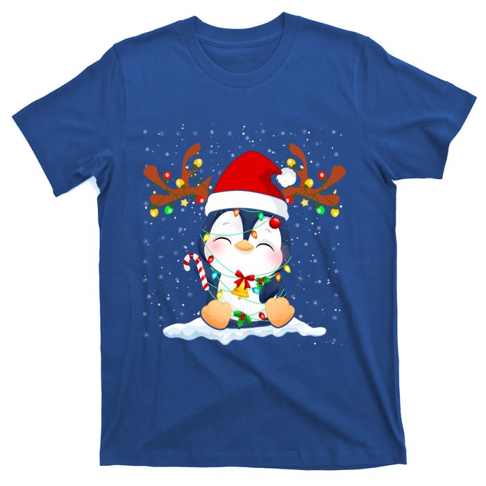 Penguin Reindeer Santa Hat Xmas Lights Gift Penguin Lover Gift T-Shirt