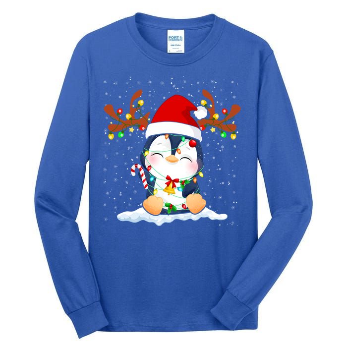 Penguin Reindeer Santa Hat Xmas Lights Gift Penguin Lover Gift Tall Long Sleeve T-Shirt