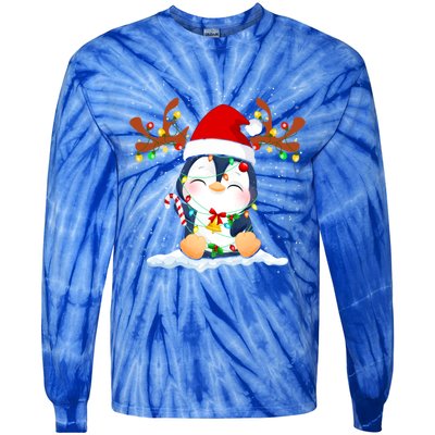 Penguin Reindeer Santa Hat Xmas Lights Gift Penguin Lover Gift Tie-Dye Long Sleeve Shirt