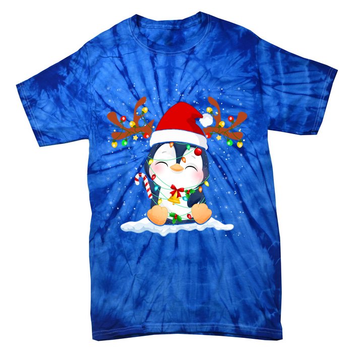 Penguin Reindeer Santa Hat Xmas Lights Gift Penguin Lover Gift Tie-Dye T-Shirt