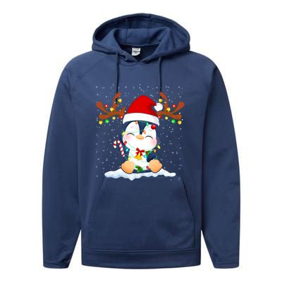 Penguin Reindeer Santa Hat Xmas Lights Gift Penguin Lover Gift Performance Fleece Hoodie