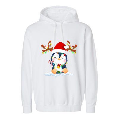 Penguin Reindeer Santa Hat Xmas Lights Gift Penguin Lover Gift Garment-Dyed Fleece Hoodie