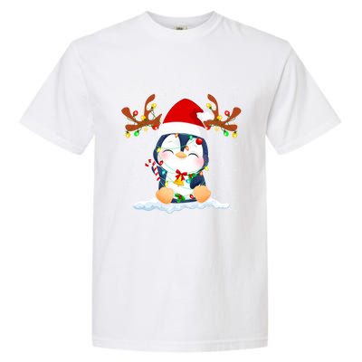 Penguin Reindeer Santa Hat Xmas Lights Gift Penguin Lover Gift Garment-Dyed Heavyweight T-Shirt