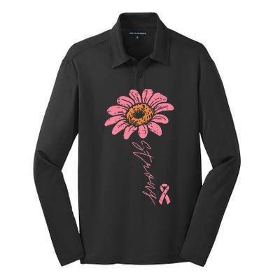 Pink Ribbon Sunflower Strong Breast Cancer Awareness Silk Touch Performance Long Sleeve Polo