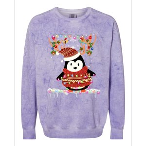 Penguin Reindeer Santa Hat Xmas Lights Gift Penguin Lover Gift Colorblast Crewneck Sweatshirt