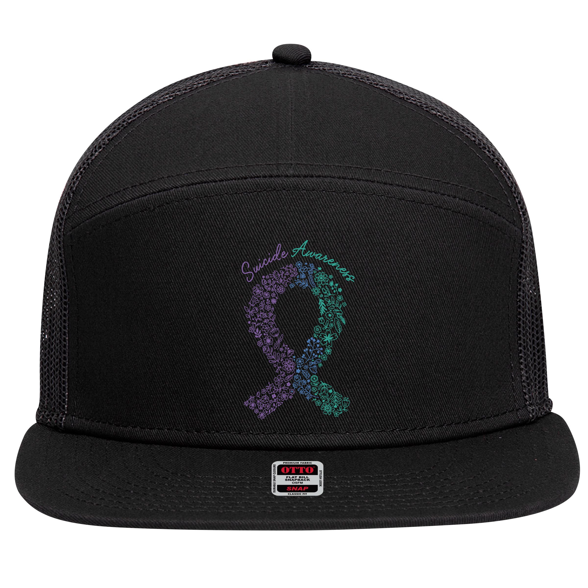 Purple Ribbon Suicide Prevention Awareness 7 Panel Mesh Trucker Snapback Hat