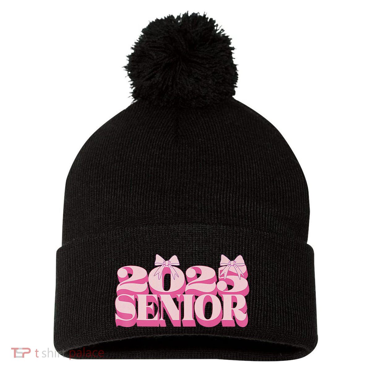Pink Retro Senior 2025 Coquette Bow Graduation Class Of 2025 Pom Pom 12in Knit Beanie