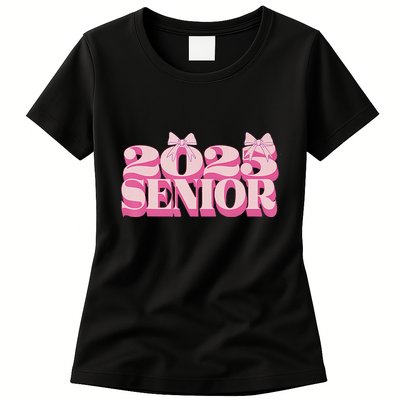 Pink Retro Senior 2025 Coquette Bow Graduation Class Of 2025 Womens T-Shirt
