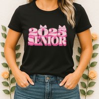 Pink Retro Senior 2025 Coquette Bow Graduation Class Of 2025 Womens T-Shirt