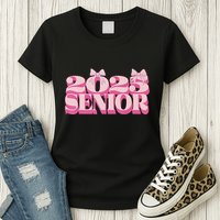 Pink Retro Senior 2025 Coquette Bow Graduation Class Of 2025 Womens T-Shirt