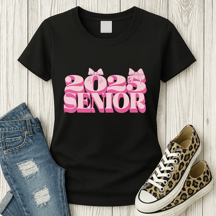 Pink Retro Senior 2025 Coquette Bow Graduation Class Of 2025 Womens T-Shirt