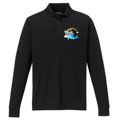 Pug Riding Shark Performance Long Sleeve Polo