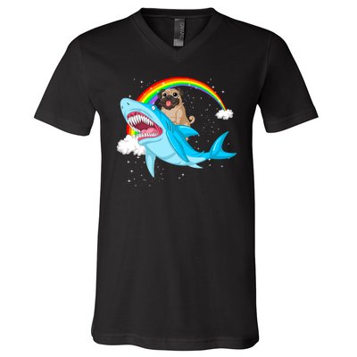 Pug Riding Shark V-Neck T-Shirt