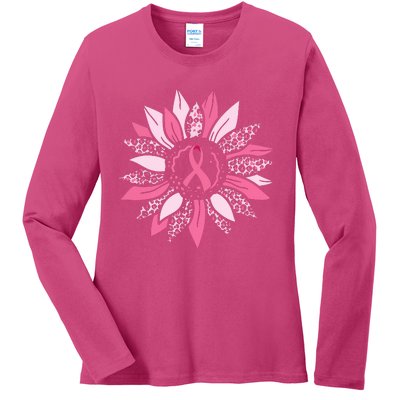 Pink Ribbon Sunflower Breast Cancer Awareness Warrior Gift Ladies Long Sleeve Shirt