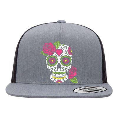 Pink Rose Sugar Skull Dia De Los Muertos Mexican Halloween Flat Bill Trucker Hat