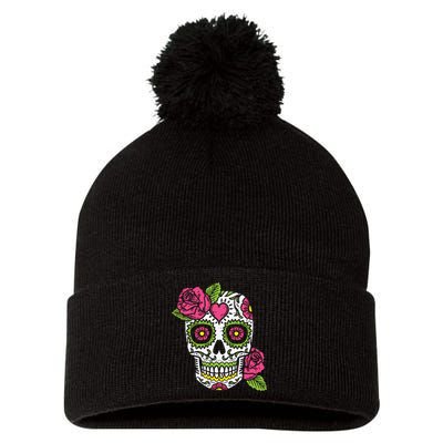 Pink Rose Sugar Skull Dia De Los Muertos Mexican Halloween Pom Pom 12in Knit Beanie