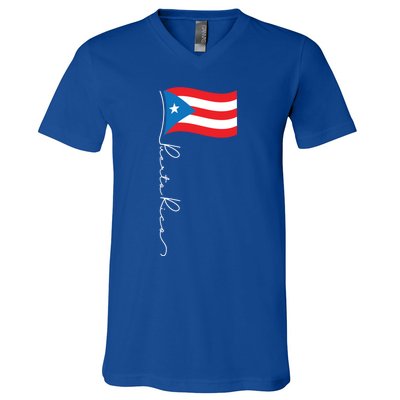 Puerto Rico Signature Flag Pole Gift Patriotic Puerto Rican Funny Gift V-Neck T-Shirt