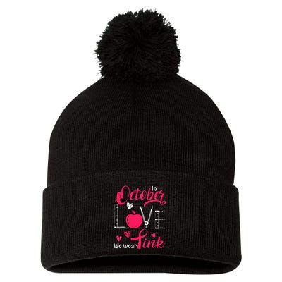 Pink Ribbon Teacher Breast Cancer Awareness We Wear Pink Pom Pom 12in Knit Beanie