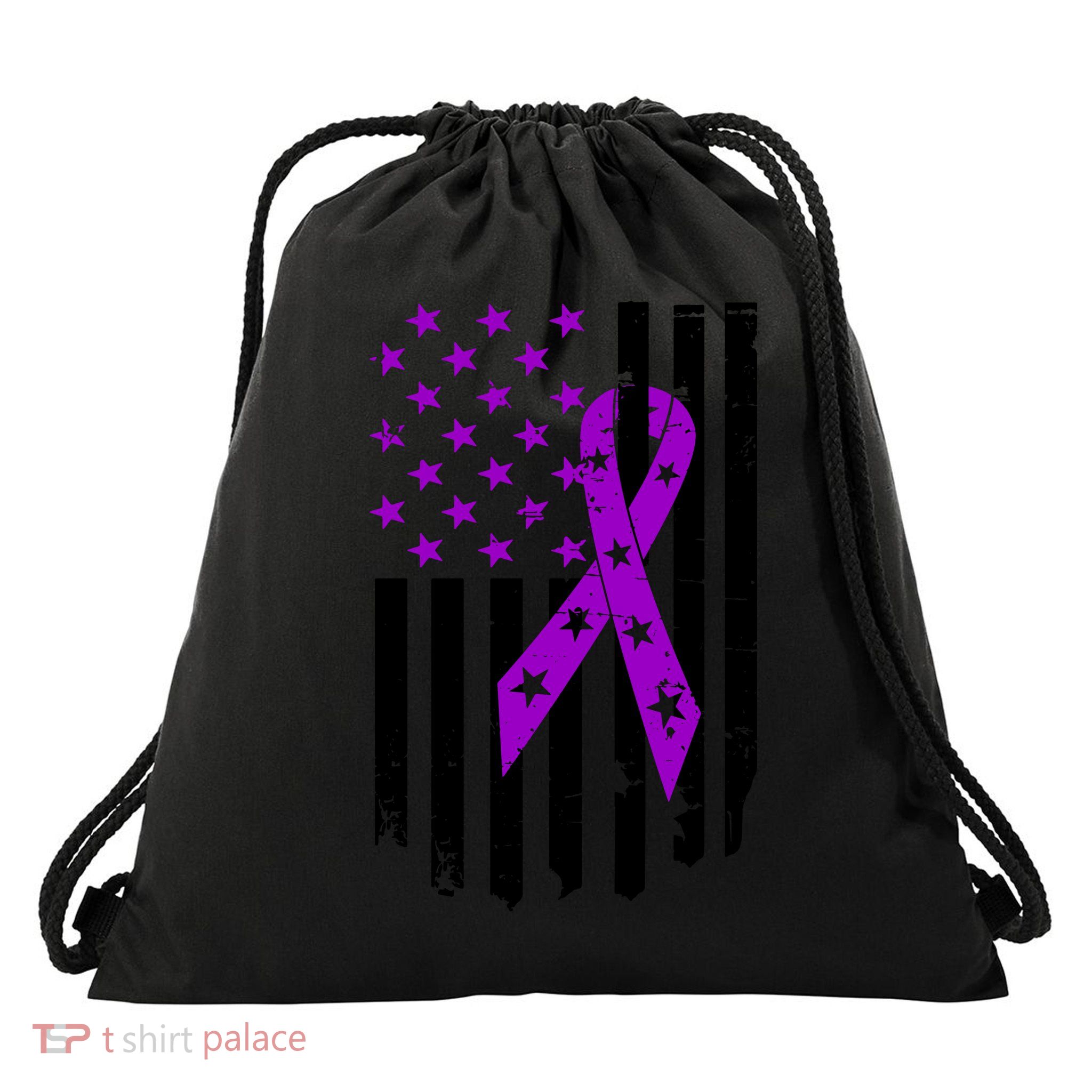 Purple Ribbon US Flag Epileptic Epilepsy Awareness Month Drawstring Bag