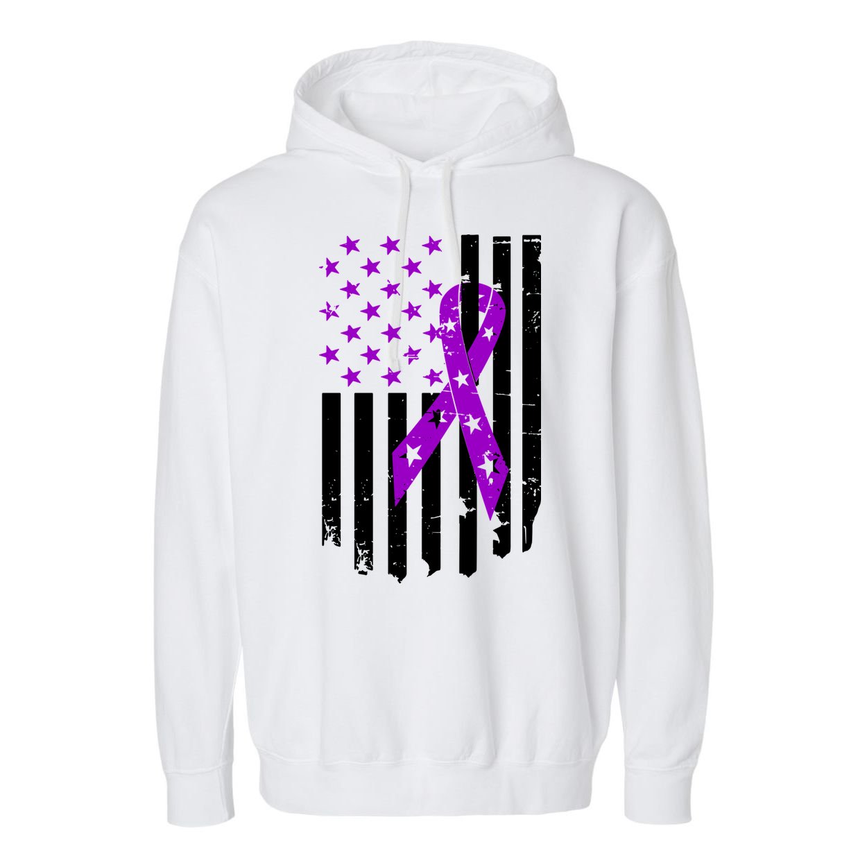 Purple Ribbon US Flag Epileptic Epilepsy Awareness Month Garment-Dyed Fleece Hoodie