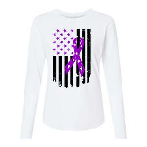 Purple Ribbon US Flag Epileptic Epilepsy Awareness Month Womens Cotton Relaxed Long Sleeve T-Shirt