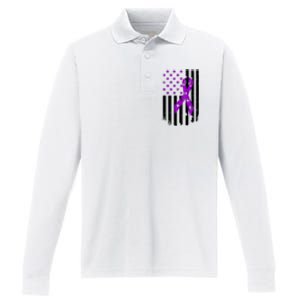 Purple Ribbon US Flag Epileptic Epilepsy Awareness Month Performance Long Sleeve Polo