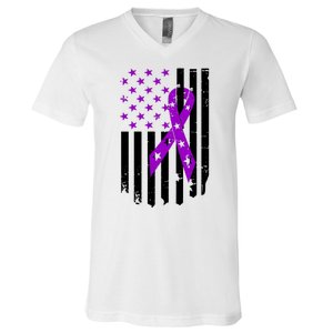 Purple Ribbon US Flag Epileptic Epilepsy Awareness Month V-Neck T-Shirt