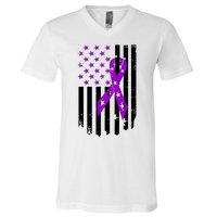 Purple Ribbon US Flag Epileptic Epilepsy Awareness Month V-Neck T-Shirt