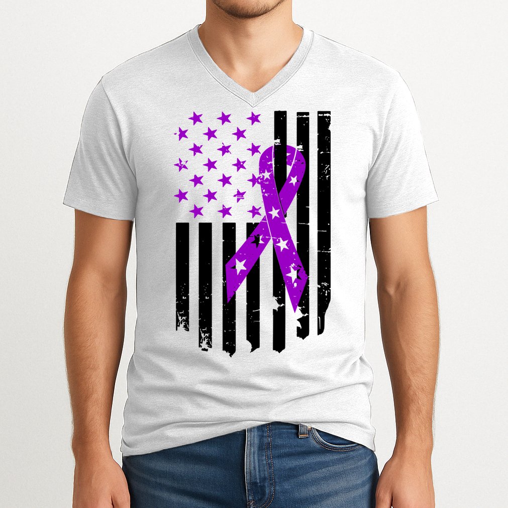 Purple Ribbon US Flag Epileptic Epilepsy Awareness Month V-Neck T-Shirt