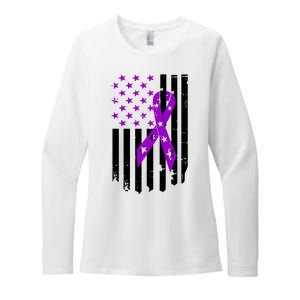 Purple Ribbon US Flag Epileptic Epilepsy Awareness Month Womens CVC Long Sleeve Shirt