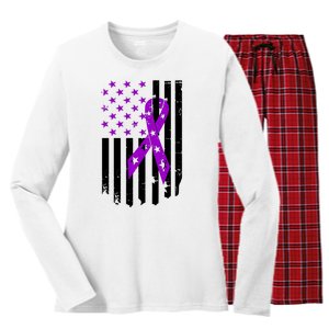 Purple Ribbon US Flag Epileptic Epilepsy Awareness Month Women's Long Sleeve Flannel Pajama Set 