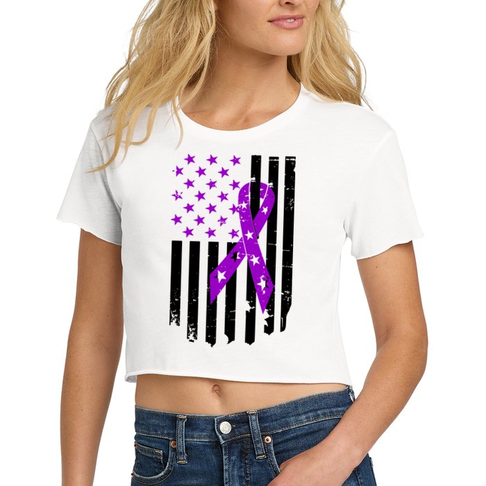 Purple Ribbon US Flag Epileptic Epilepsy Awareness Month Women's Crop Top Tee