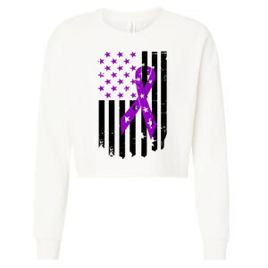 Purple Ribbon US Flag Epileptic Epilepsy Awareness Month Cropped Pullover Crew