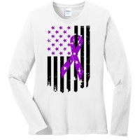 Purple Ribbon US Flag Epileptic Epilepsy Awareness Month Ladies Long Sleeve Shirt